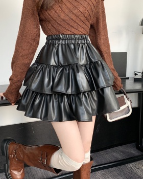 Small fellow cake leather skirt A-line high waist skirt