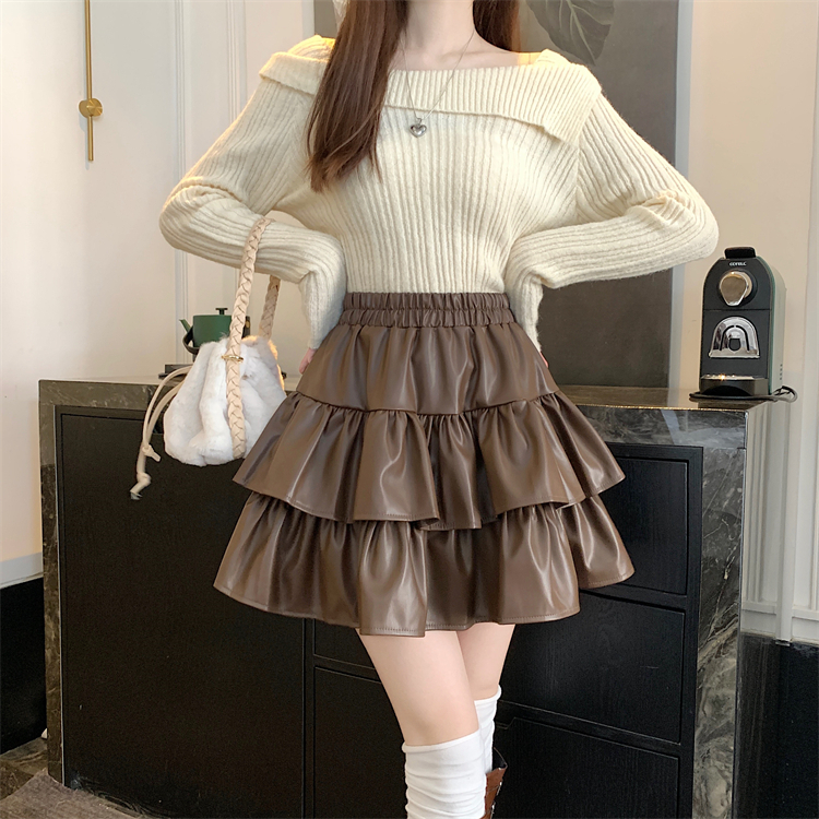 Small fellow cake leather skirt A-line high waist skirt