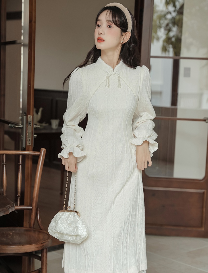 Stereoscopic embossing dress autumn and winter knitted cheongsam