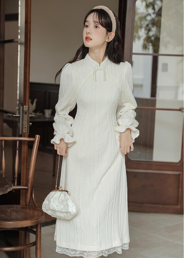 Stereoscopic embossing dress autumn and winter knitted cheongsam