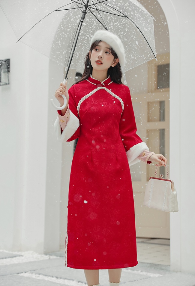 Red cheongsam Chinese style waistcoat 2pcs set for women