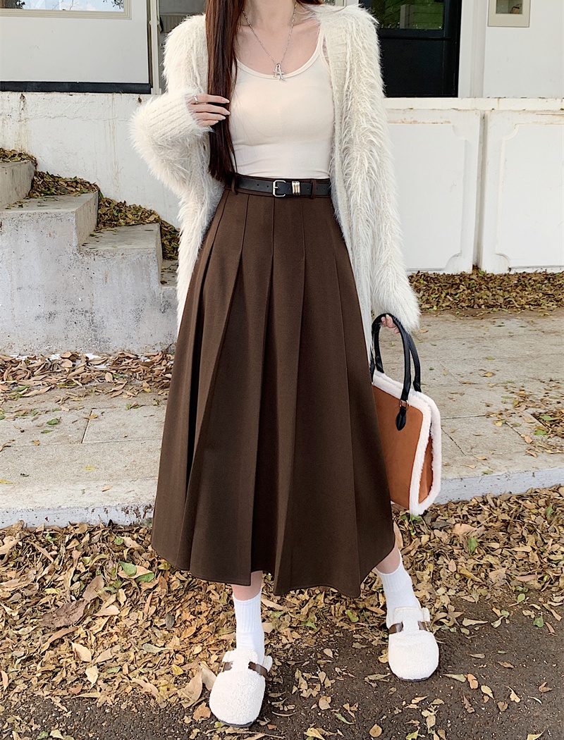 Woolen all-match pleated high waist A-line slim skirt for women