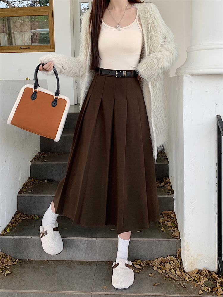Woolen all-match pleated high waist A-line slim skirt for women