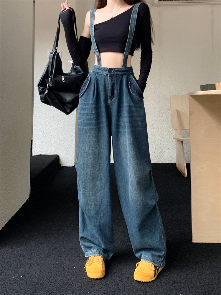Loose strap long pants mopping high waist jeans for women