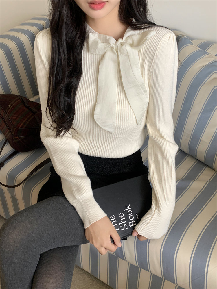 Pullover bandage tops knitted France style sweater for women