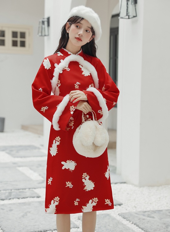 Printing Chinese style dress red waistcoat a set