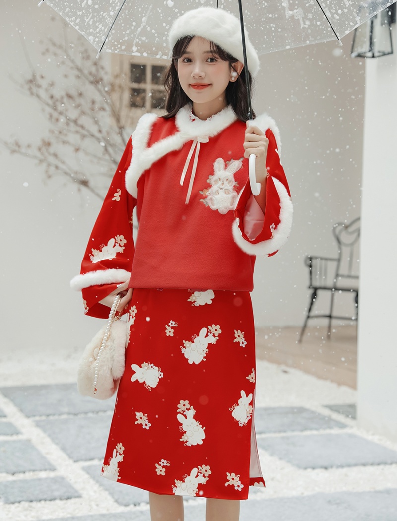 Printing Chinese style dress red waistcoat a set