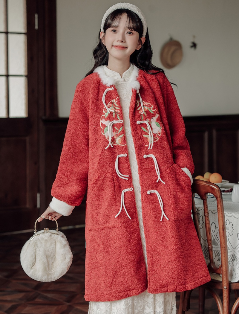 Lambs wool red overcoat embroidery cotton coat