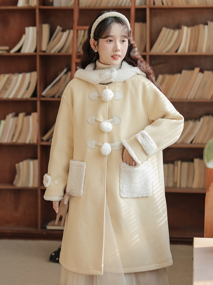 Horn buckle overcoat woolen woolen coat for women
