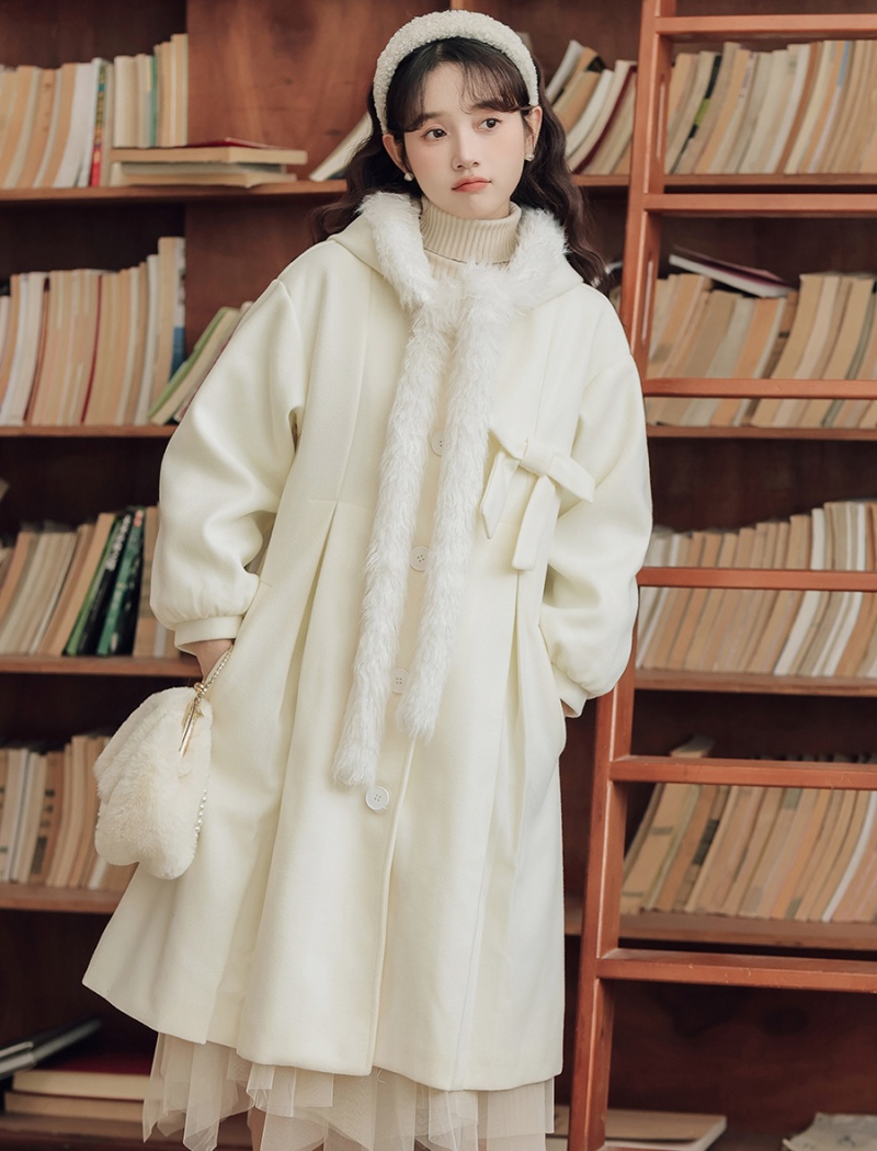 White loose coat hooded long sleeve overcoat for women