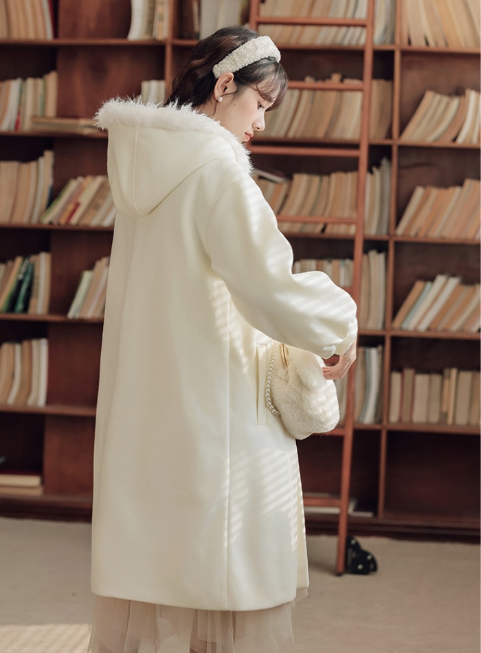 White loose coat hooded long sleeve overcoat for women
