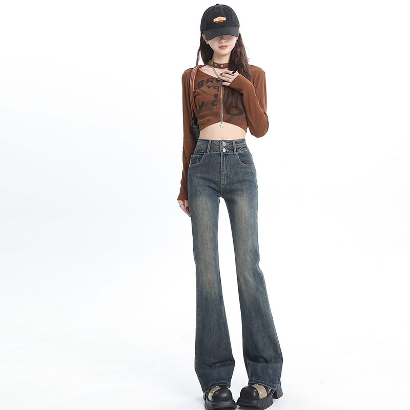 Retro speaker long pants high waist jeans for women