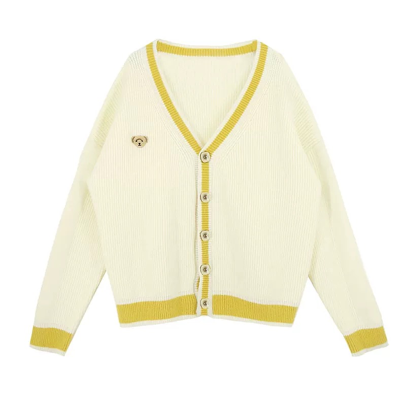 Yellow V-neck cardigan loose short tops for women