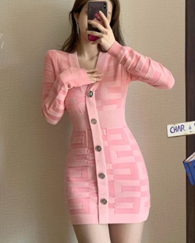 Spring temperament pink knitted sexy dress for women