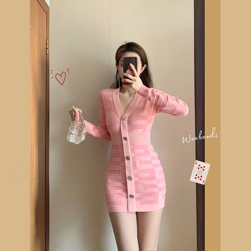 Spring temperament pink knitted sexy dress for women