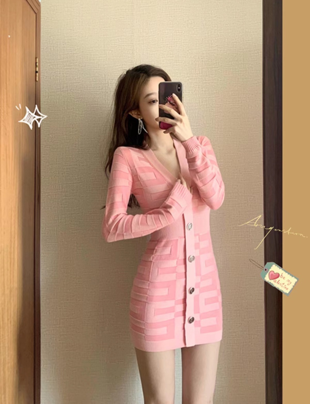 Spring temperament pink knitted sexy dress for women