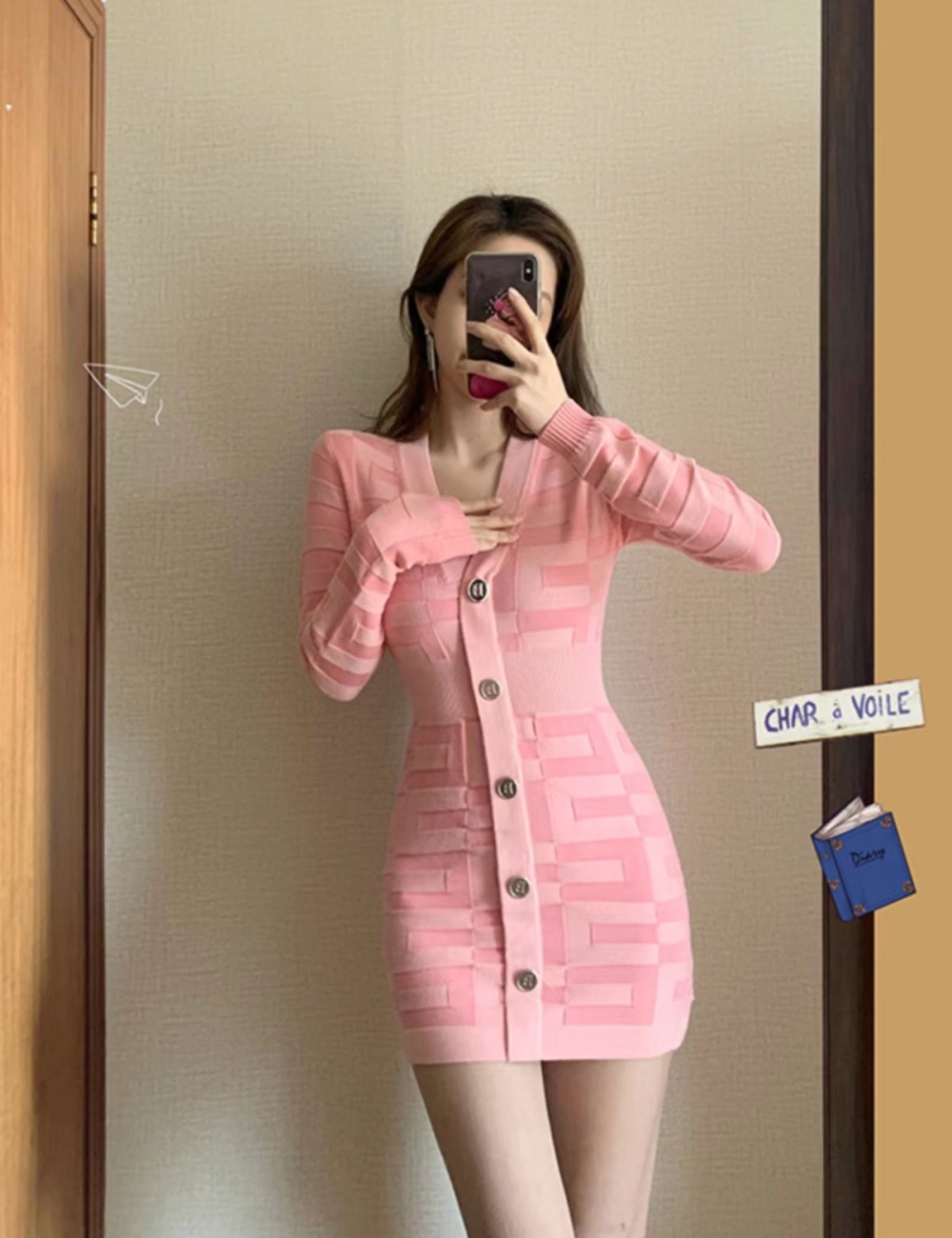 Spring temperament pink knitted sexy dress for women