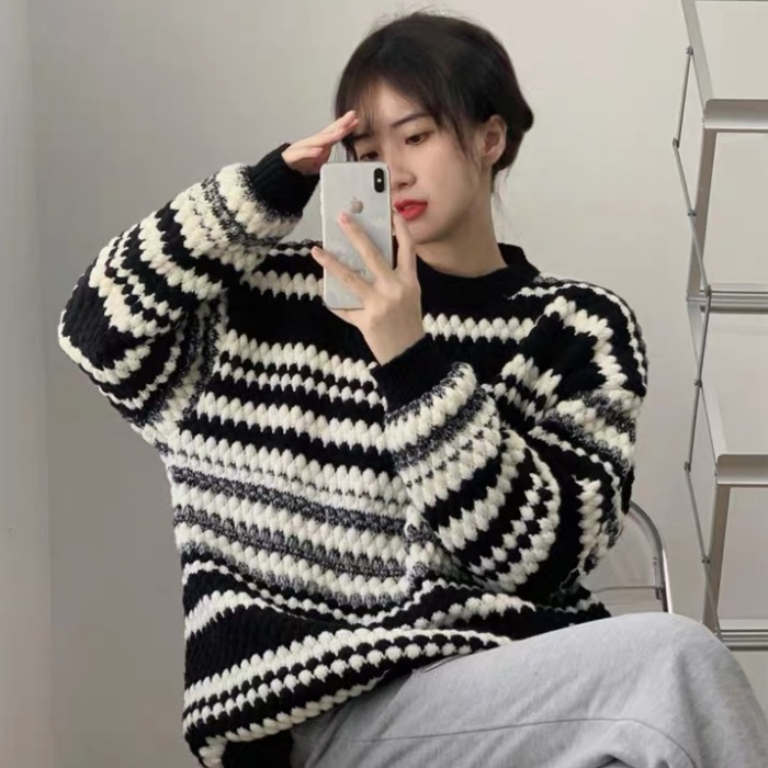 Pullover stripe tops wears outside long big sweater for women