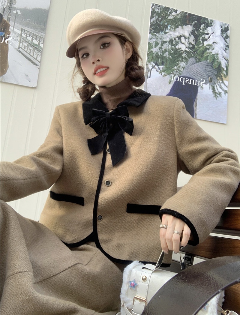 Lapel woolen skirt autumn and winter coat a set