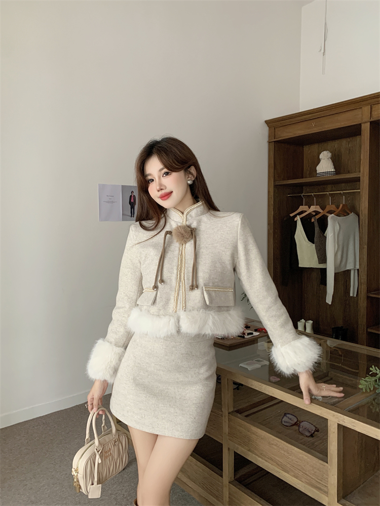High waist woolen coat thermal short skirt a set