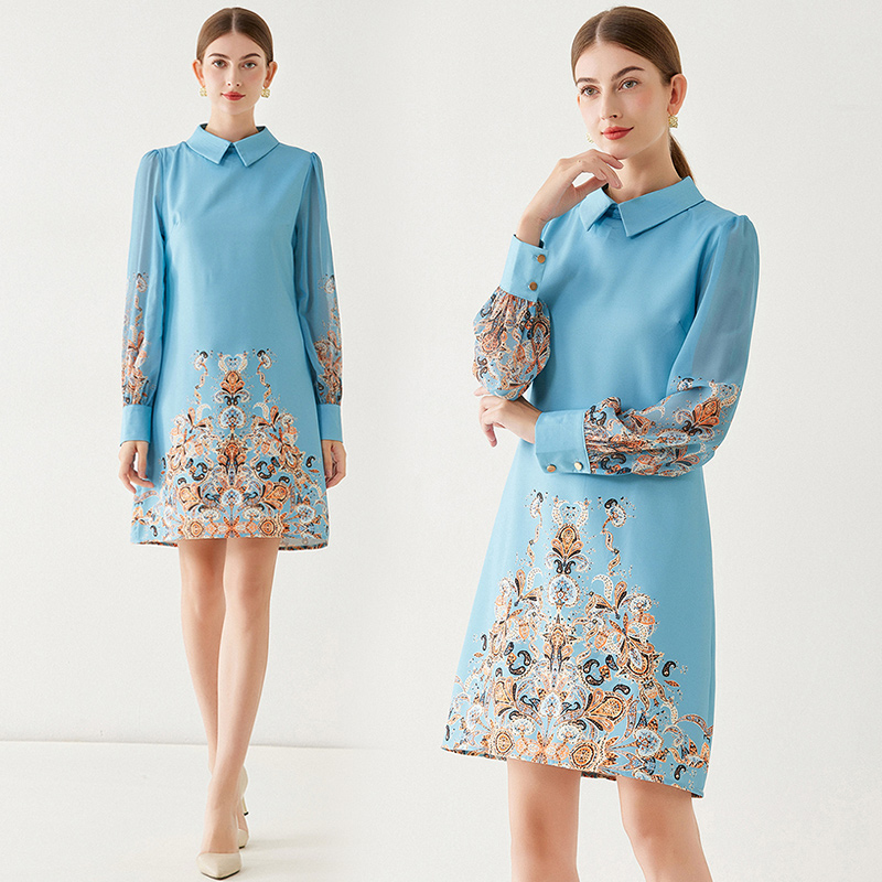 Printing European style lapel elegant France style dress