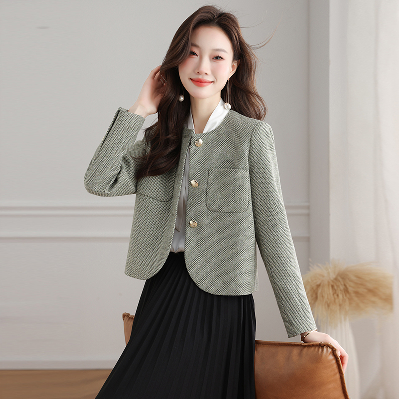 Round neck wool weave slim coarse flower jacket for women