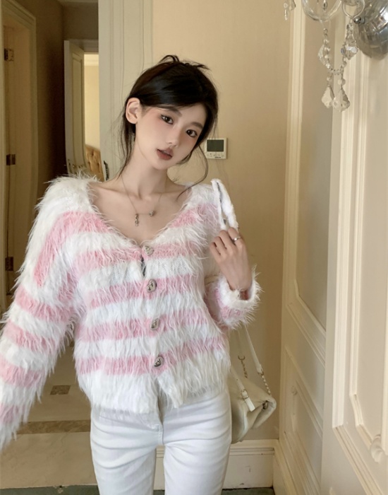 Knitted mixed colors cardigan stripe V-neck sweater