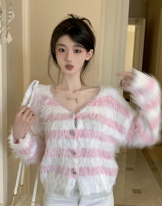 Knitted mixed colors cardigan stripe V-neck sweater