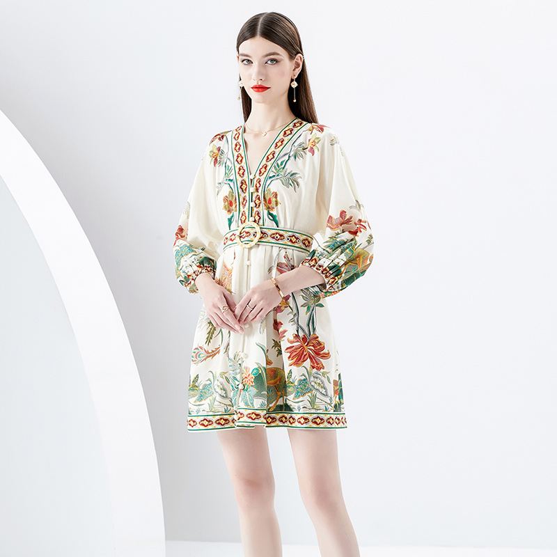 V-neck spring painted mini retro lantern sleeve dress