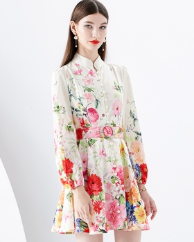 Cstand collar mini placket spring court style dress
