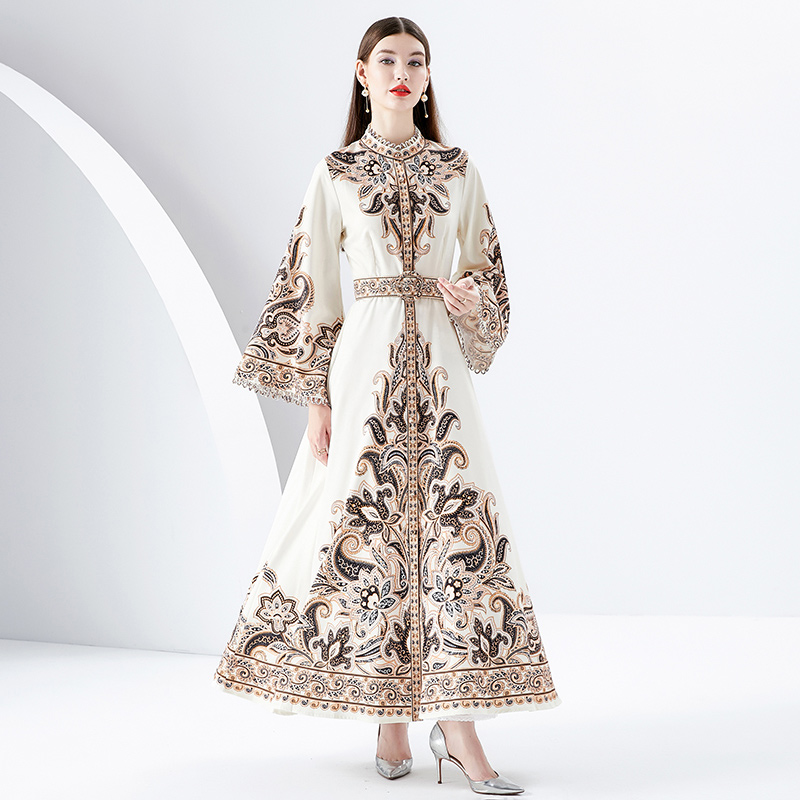 Spring long printing lace trumpet sleeves dress