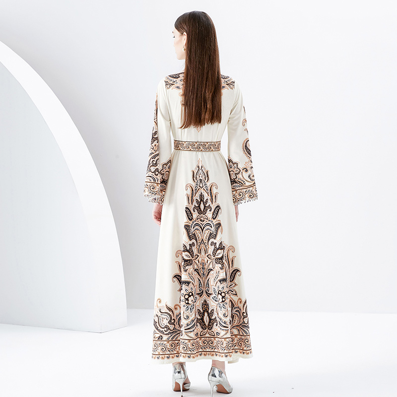 Spring long printing lace trumpet sleeves dress