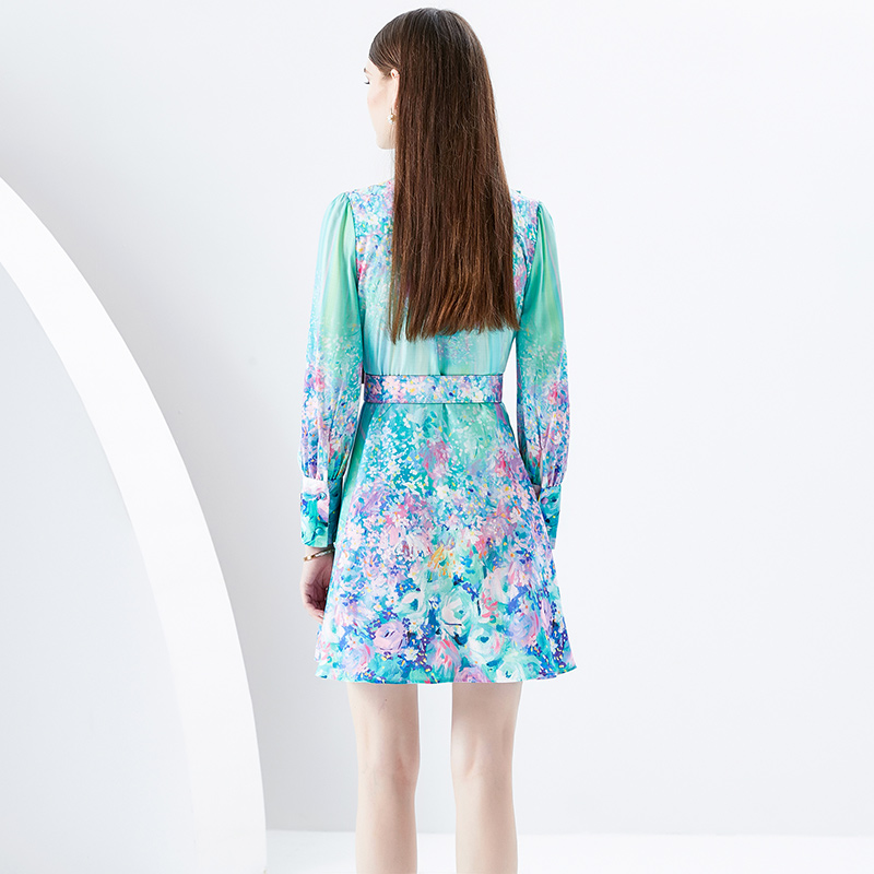 Retro short printing spring skirt hem mini wavy edge dress