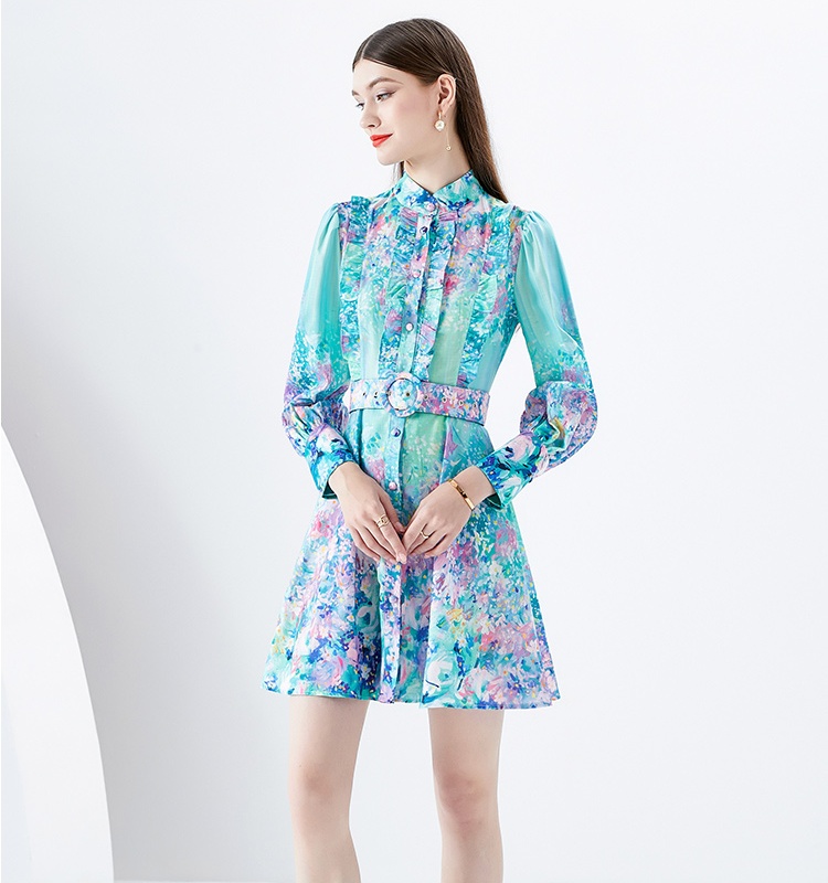 Retro short printing spring skirt hem mini wavy edge dress