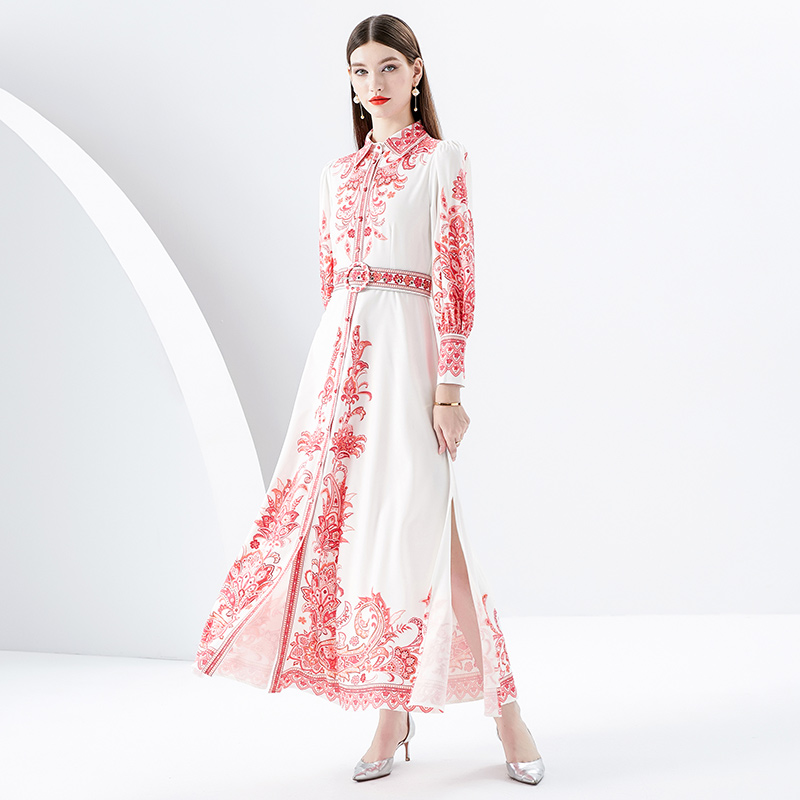 Court style lantern sleeve lapel printing long dress