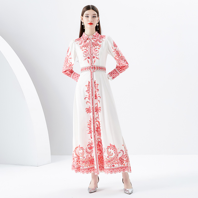 Court style lantern sleeve lapel printing long dress