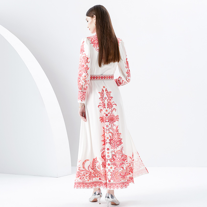 Court style lantern sleeve lapel printing long dress