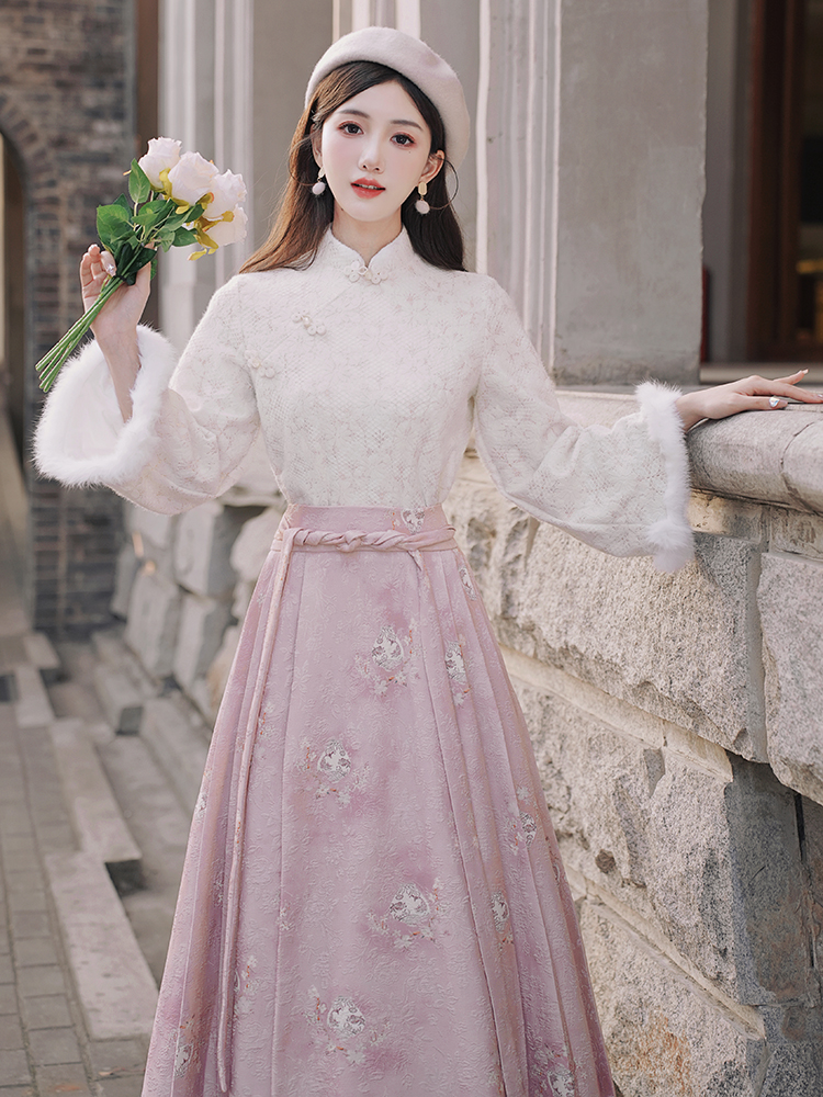 Chinese style tops plus velvet skirt 2pcs set