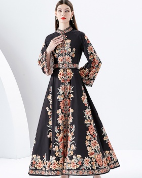 Cstand collar printing court style long trumpet sleeves lace dress
