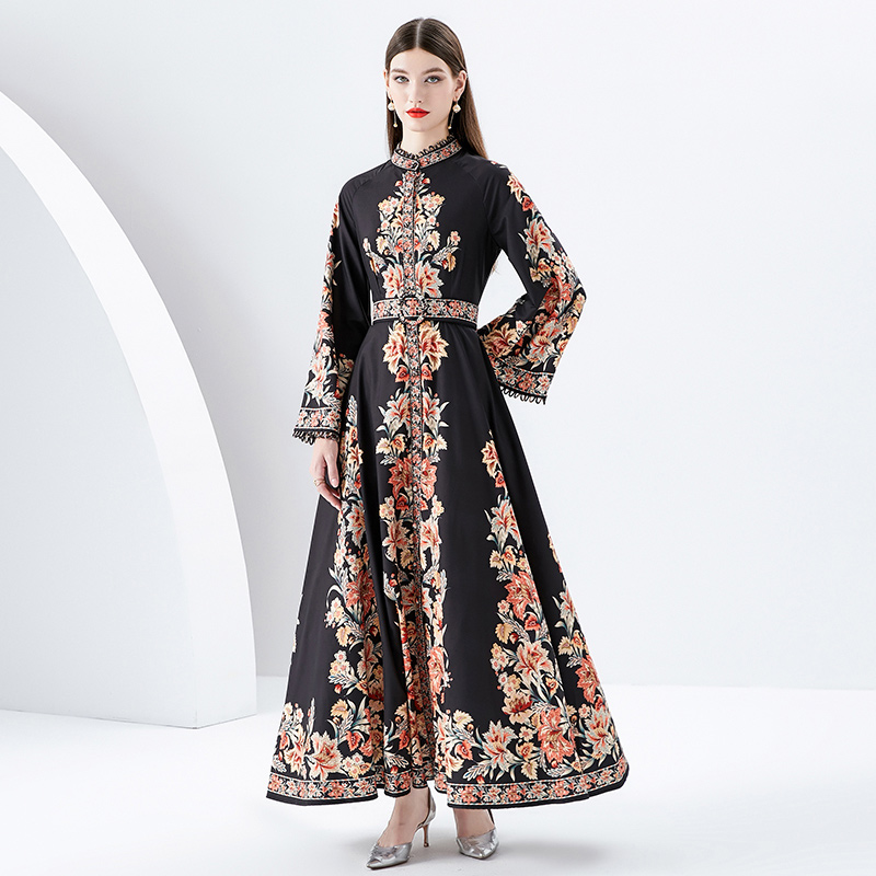 Cstand collar printing court style long trumpet sleeves lace dress