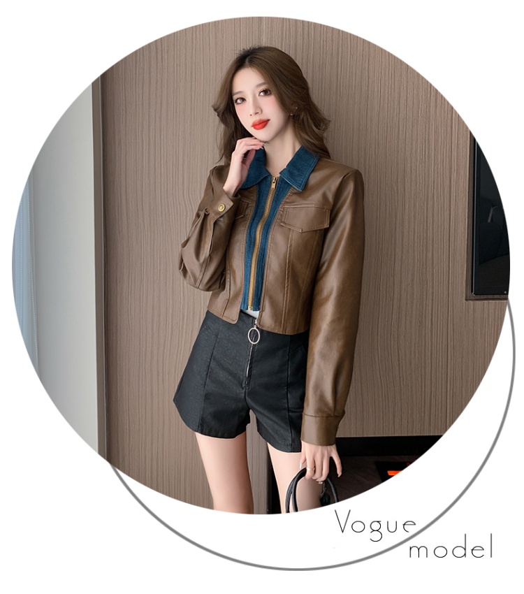 Autumn and winter lapel leather coat fashion mixed colors coat