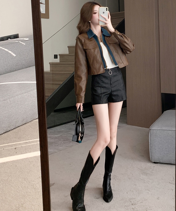 Fashion leather coat retro leather pants 2pcs set