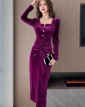 Velvet pinched waist long dress long sleeve dress