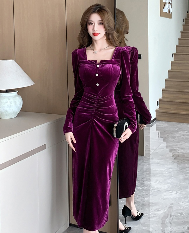Velvet pinched waist long dress long sleeve dress