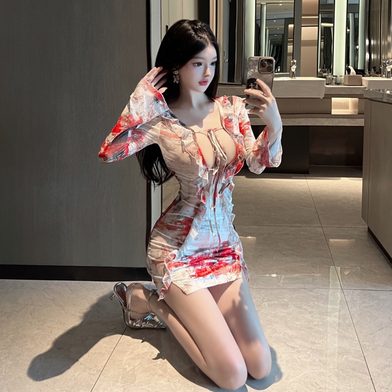 Perspective spicegirl sexy low-cut printing dress for women