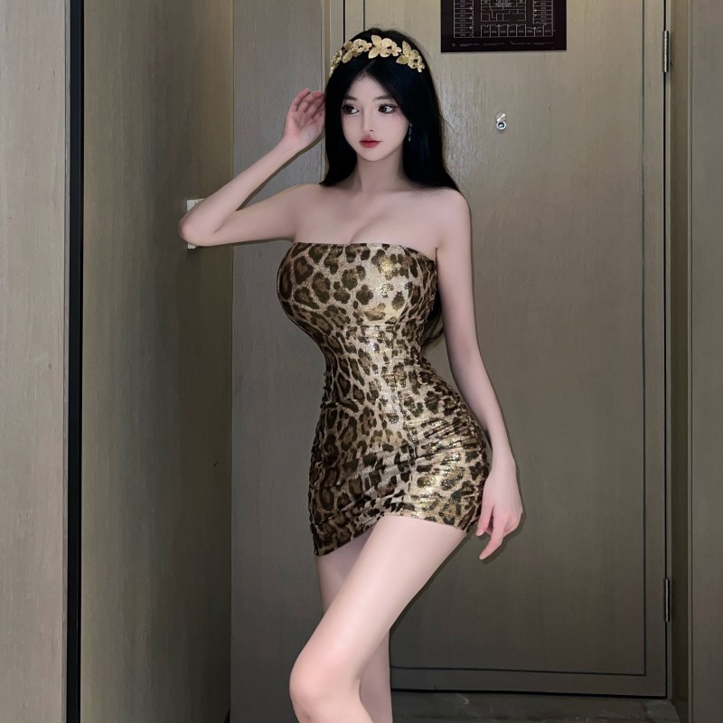 Leopard slim dress wrapped chest fashion T-back for women