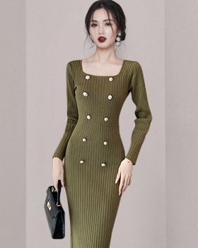 Autumn and winter double-breasted retro package hip dress