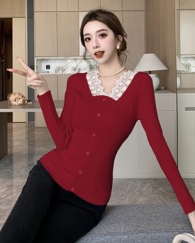 Long sleeve splice sweater lace V-neck tops for women