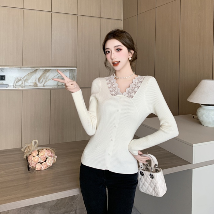 Long sleeve splice sweater lace V-neck tops for women
