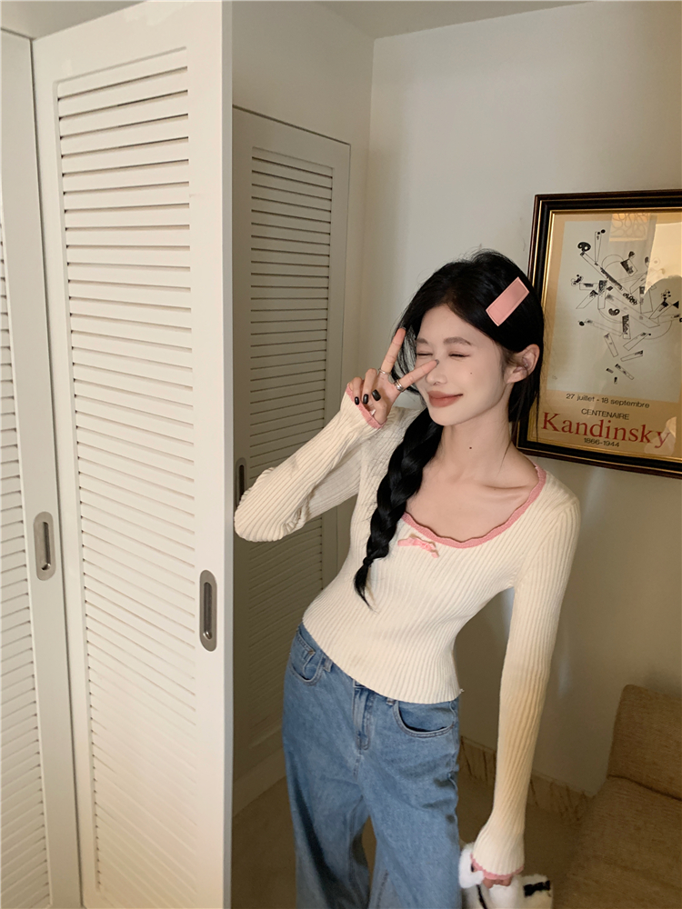 Autumn and winter short tops bow low collar sweater for women
